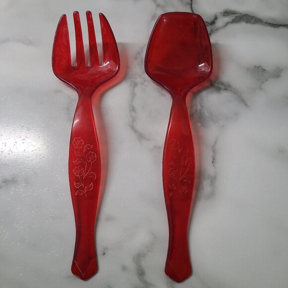 VTG Mid-Century RED Hard Plastic Serving Spoon Fork Salad Set USA Made 8.5" - Picture 1 of 5